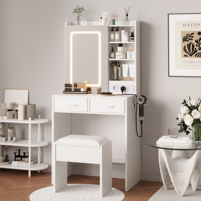 BeesClover Makeup Vanity Desk with Lights and Mirror - Vanity Table with Charging Station, Power Outlets & USB Ports, Includes Stool, 5 Drawers and Shelves