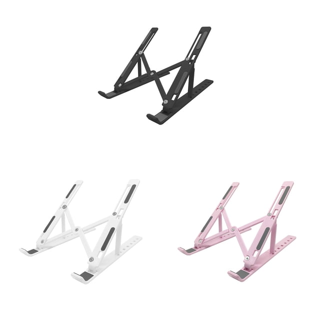 Laptop Stand Adjustable Plastic Laptop Holder; a foldable and portable ABS plastic stand, available in black, white, and pink. Designed with a dual-triangular support structure, non-slip pads, and adjustable height from 80 to 195mm. Ideal for laptops, tablets, and books, enhancing heat dissipation and ergonomic use.