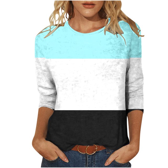 CEHVOM T-shirt Mode Imprimé pour Femmes Manches 3/4 Blouse Col Rond Hauts Décontractés Liquidation