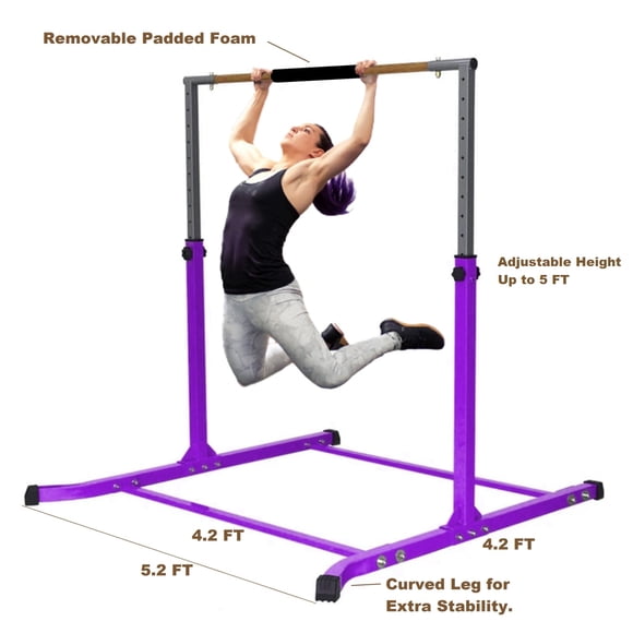 Gymnastics Kip Bar for Kids, Adjustable Height 3 to 5 FT, Premium Steel Junior Training Gymnastic Bar for Home Gym Practice, Horizontal Bar Jungle Gym for Gymnasts, Children and Adults, Purple