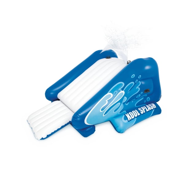 Intex Kool Splash Water Slide inflatable playcenter in blue and white with wave graphics, five air chambers, six heavy-duty handles, and water sprayers at the top, designed for outdoor backyard fun for kids aged 6 and up.