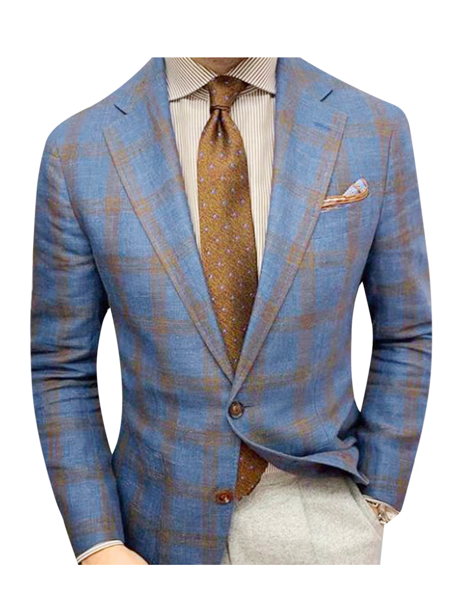 Faithtur Men's Blazer Plaid/Plain Color Lapel Long Sleeve Button Suit Coat