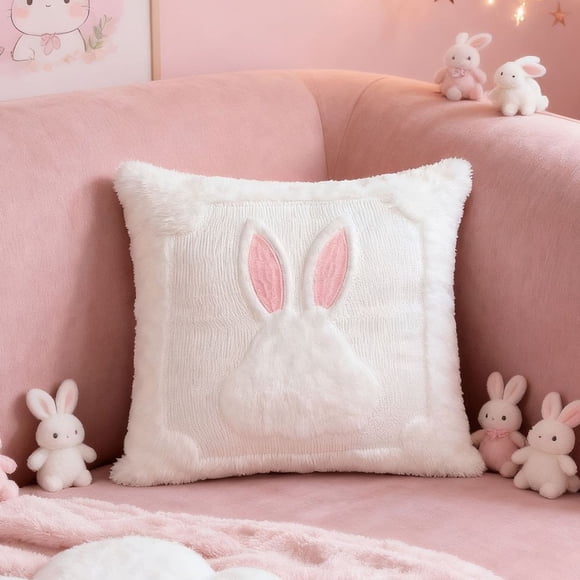 Easter Bunny Pillow,Pink Ears White Rabbit Soft Plush Faux Fur White Rabbit Throw Pillow Cushion,Easter Decorations for Home, Spring Farmhouse Pillow Cover for Bedroom Sofa Living Room Couch Bed