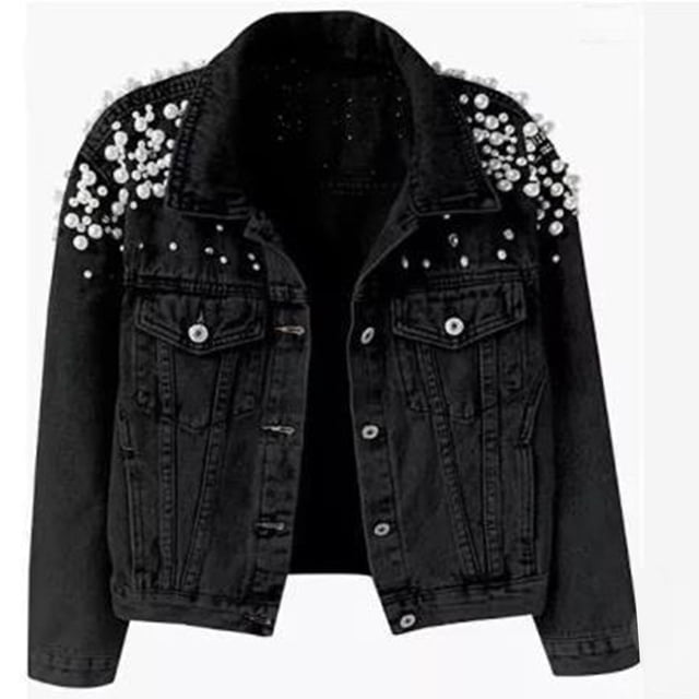 Pincandy Veste en Jean pour Femme, Veste Courte en Denim Brodée à Rivets et Perles