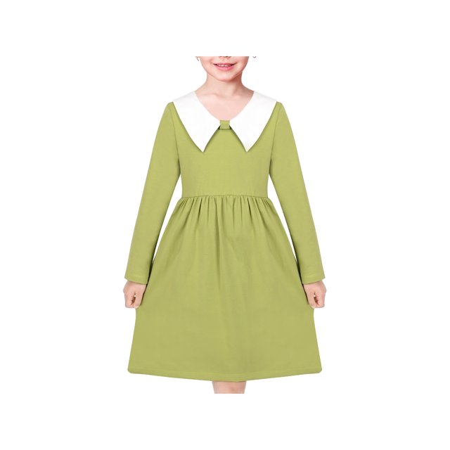 Robe Fille Verte Col Blanc Uniforme Scolaire Quotidien Coton Décontracté 5 Ans
