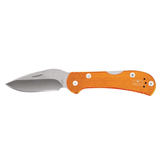 Buck Knives Mini Spitfire- Orange small folding pocket knife with a 2.75-inch satin-finished 420HC stainless steel drop point blade, anodized orange aluminum handle, lock-back safety mechanism, nail notch for easy opening, and removable two-position stainless steel belt clip.