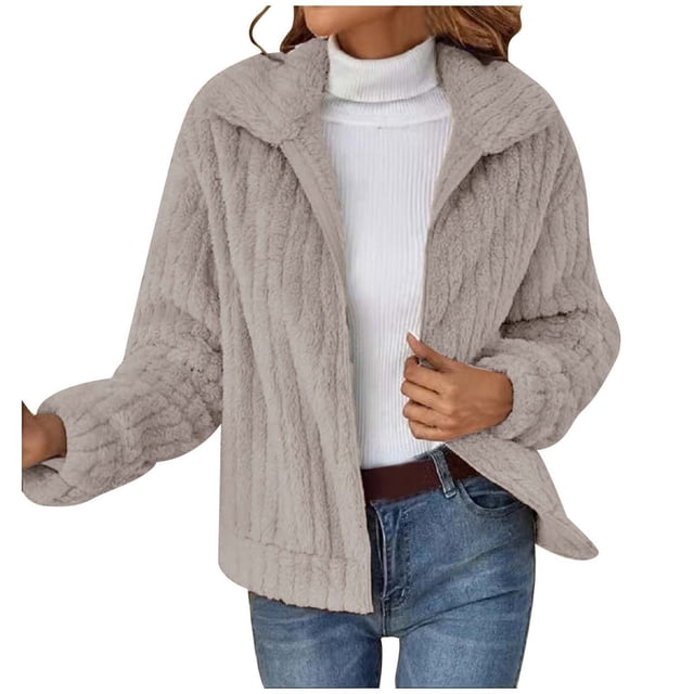 WEIYLL Womens Fleece Jacket Solid Color Warm Plush Zipper Pocket Long Sleeved Lapel Beige Fall Tops Size M