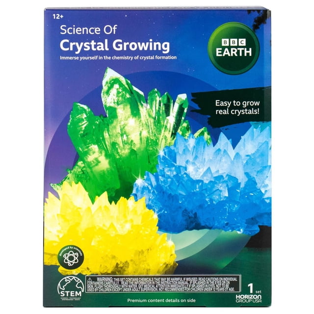 BBC Earth Science Trousse de Tige de Croissance de Cristaux avec Boîtier Montrant des Amas de Cristaux Vert Vif, Bleu et Jaune, Mettant en Valeur une Croissance Facile de Vrais Cristaux et une exploration de Chimie pour 12 Ans et Plus.