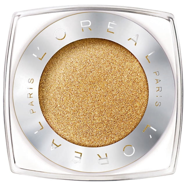 L'Oreal Paris Infallible Fard à Paupières, 3,5 g, Gros Plan Vue de Dessus d'Une Poudre Dorée Scintillante Fard à Paupières dans un Moule Rond à l'Intérieur d'Un Étui Carré Transparent avec une Bague Argentée Montrant le logo L'Oreal Paris, Formule Résistante aux Plis et à la Décoloration Tenue jusqu'à 24 Heures, Idéal pour un Maquillage des Yeux vibrant et Longue Tenue.