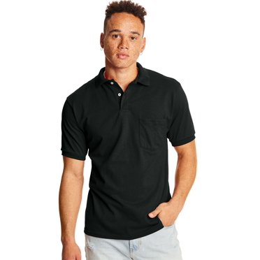 Hanes Mens CottonBlend EcoSmart Jersey Polo With Pocket 2-Pack, 3XL, Black