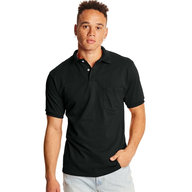 Hanes Mens CottonBlend EcoSmart Jersey Polo With Pocket 2-Pack, S, Black