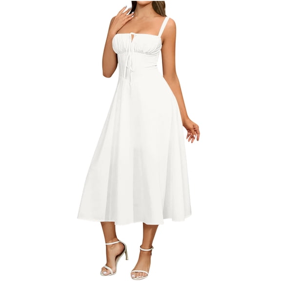 Midi Dresses for Women Summer Drawstring Adjustable Strap A-Line Side Split Corset Dresses Wedding