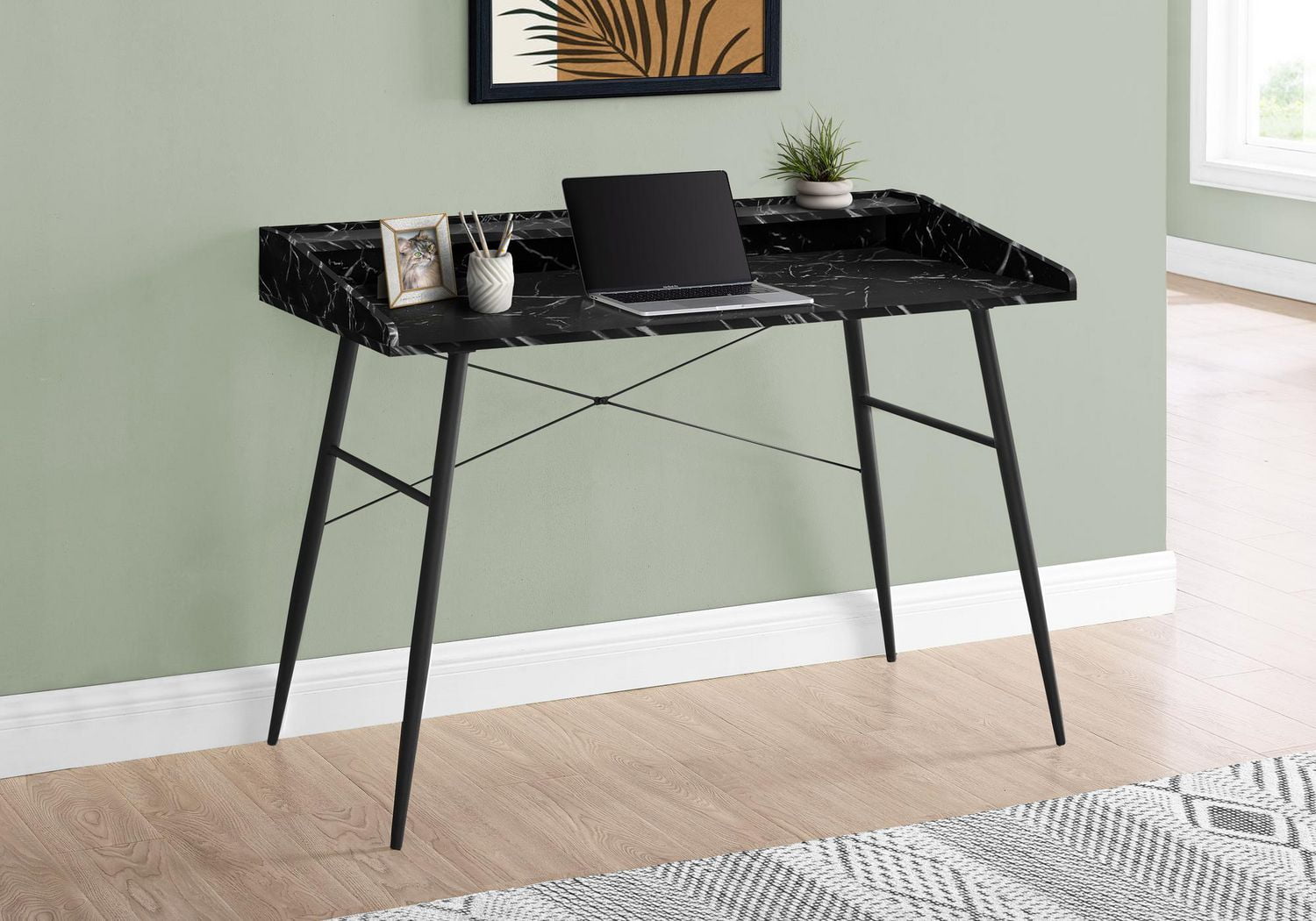 Monarch Specialties Computer Desk, Home Office, Laptop, Storage Shelves, 48"l, Work, Metal, Laminate, Black Marble Look, Contemporary, Modern