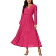 thumbnail image 2 of INSPIRE CHIC Robe Plissée pour Femme Manches Longues Bouffantes Col en V Robe avec Ceinture à la Taille G Rose Vif, 2 of 7