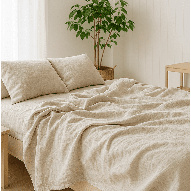 Q VITA Linen Tencel Sheet Set in oatmeal colour displayed on a queen-sized bed in a minimalist bedroom. The 4-piece set includes a flat sheet, a fitted sheet with 14-inch deep pockets, and two pillowcases. Made from 20% French flax linen and 80% Tencel, the bedding is enzyme washed for softness, breathable, and OEKO-TEX certified. The medium-weight fabric is suitable for all seasons and safe for sensitive skin. The room features a wooden bed frame, a potted plant, and natural light from a window.