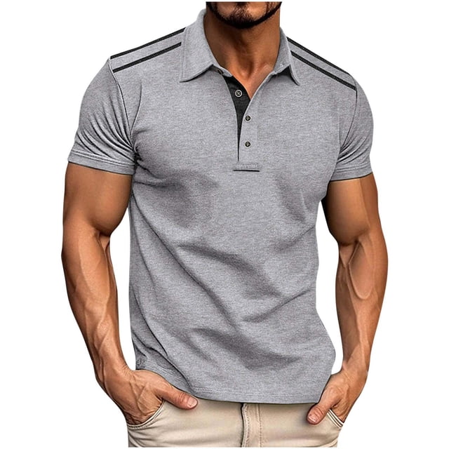 Styesk T Shirts for Man Fashion Solid Color Leisure Versatile Motion Button T-shirt Lapel Top