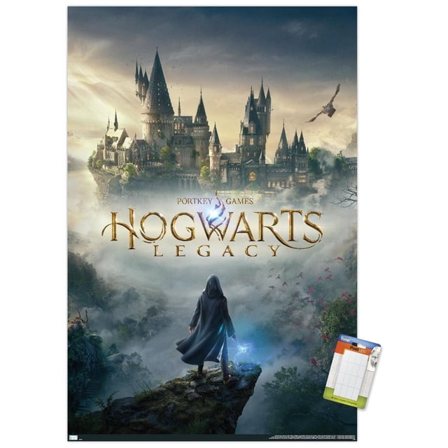 Harry Potter: Hogwarts Legacy - Key Art Wall Poster, 22.375" x 34", depicts a cloaked figure holding a glowing wand on a rocky cliff facing the detailed Hogwarts castle above mist and clouds with birds flying nearby. Printed on glossy paper by Trends International, ideal for bedroom or office wall decor.