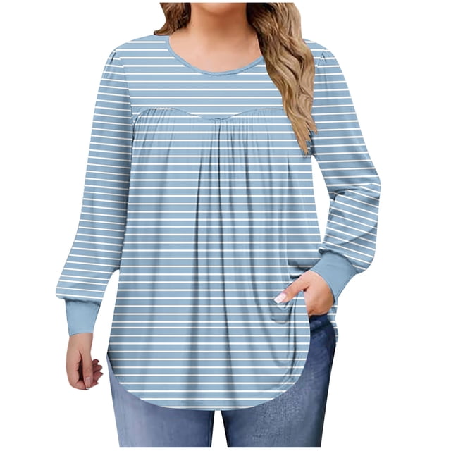 Lmnyox Hauts Grande Taille pour Femmes, Manches Longues Surdimensionnées, Col Rond, Chemises Plissées, Blouses Décontractées Mode