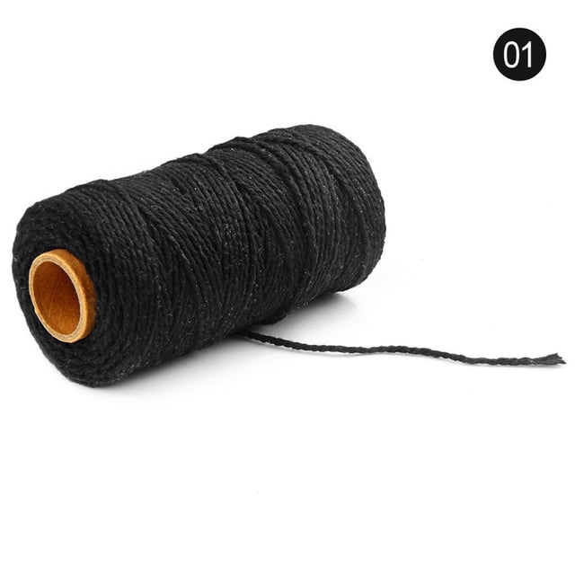 Up to 65% Off SMihono 100m Long/100Yard Pure Cotton Twisted Cord Rope Crafts Macrame String in black color. This 2mm diameter natural cotton yarn cord is perfect for macrame, craft cord projects, jewelry-making, and home decorations. The spool showcases a multi-strand knit design with clear texture, suitable for DIY enthusiasts and artisans.
