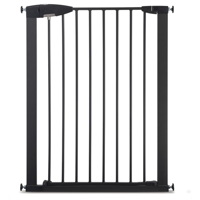 Munchkin Easy Close™ Extra Tall Safety Gate in black, pressure-mounted steel gate with vertical bars and double-locking push-to-close door, fits openings 29.5 to 51.6 inches wide and 36 inches tall, suitable for stairways and wide openings.