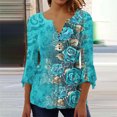 thumbnail image 2 of Pompotops Women's Casual Trumpet 3/4 Sleeve Printed Buttoned Basic Ruched Tops Pleated Blouses Clearance, 2 of 6