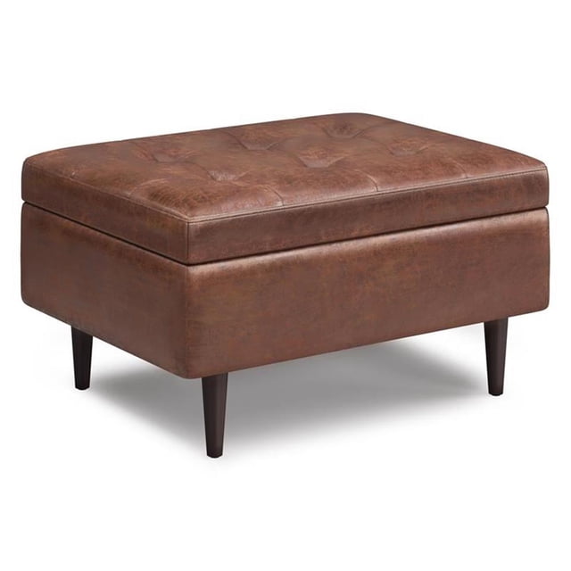 Shay 34in W Coffee Table Storage Ottoman in Distressed Saddle Brown Faux Leather