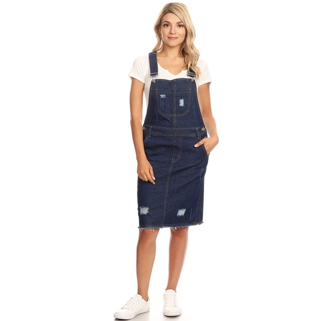 Junior Women's distressed denim adjustable strap overall dress in indigo, size X-Large. This knee-length jumper dress features a medium wash denim with frayed hem and distressed patches, a racerback design, wide adjustable shoulder straps, and silver-coloured hardware. Includes functional and decorative bib pocket, two front side pockets, two back pockets, mock fly, and belt loops. Styled with a white tee and sneakers, ideal for casual wear or cosplay costumes.