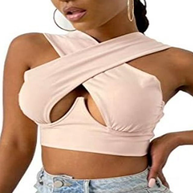 Women Criss Cross Tank Tops Sleeveless Solid Color Cutout Crop Tops