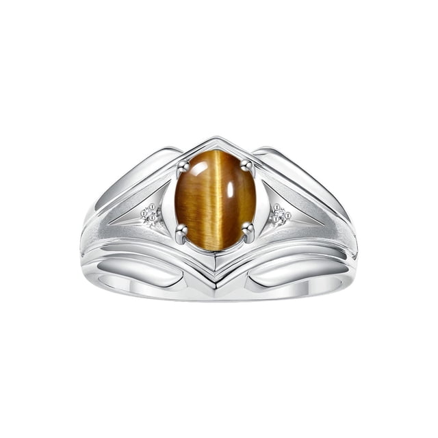 RYLOS Men's Rings 14K White Gold Rings Classic Designer Style 9X7MM Oval Gemstone & Diamond Ring Tiger Eye November Birthstone Rings For Men Size 10