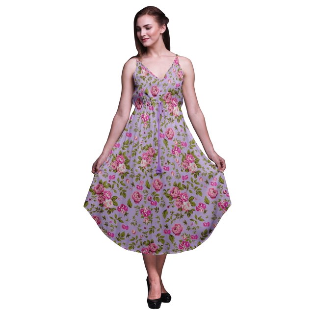 Bimba Robe de Plage Bohème Sans Manches Midi à Bretelles Imprimée Florale pour Femme - X-Grand
