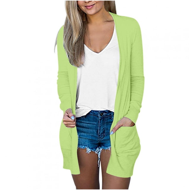 AherBiu Womens Cardigan Tops Long Sleeve Open Front Mid-Long Outwear with Pockets Spring Clothes