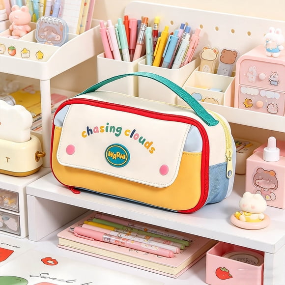 Tyidzon Handheld Color Block High-Value Pencil CaseMulti-Layer Stationery BagStylish Cute Pen Pouch With Handle Large Capacity For Pens Pencils ErasersSchool O