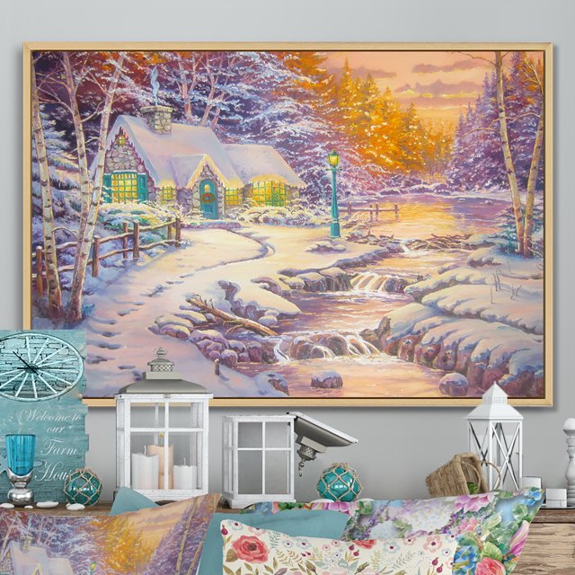 Designart Cottage sur Rivière dans la Forêt pendant Noël Cadre Flottant Traditionnel Art Mural