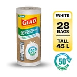Glad White Garbage Bags - Tall 45 Litres - Made using 50% Recycled Plastic, 28 Trash Bags
