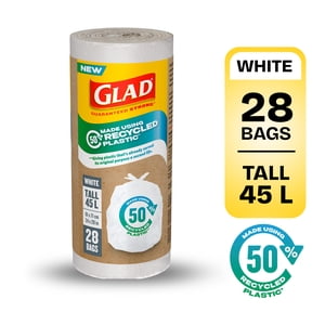 Glad White Garbage Bags - Tall 45 Litres - Made using 50% Recycled Plastic, 28 Trash Bags