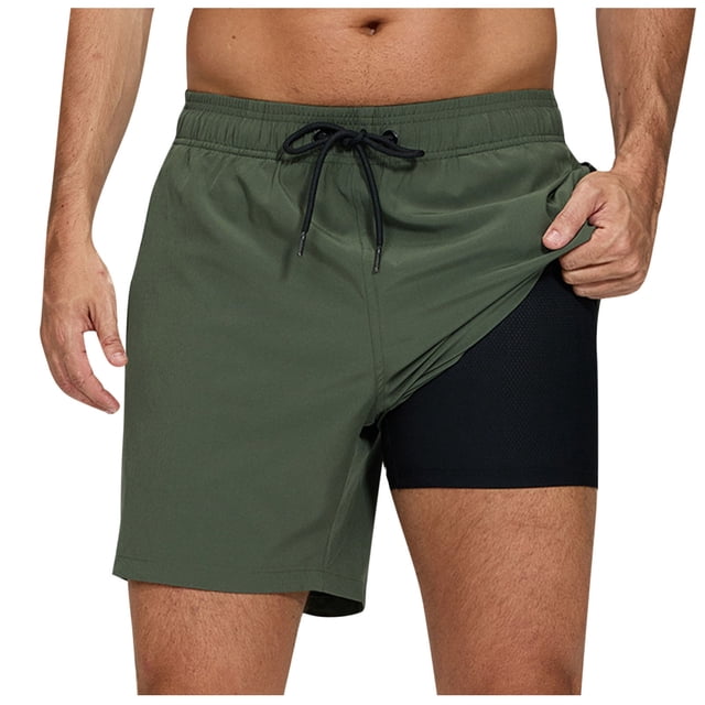 hotojiny 2 in 1 Workout Shorts for Men Fashion Color Block Stretch Gym Short Pants Breathable Drawstring Running Athletic Shorts
