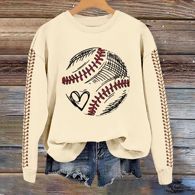 IMENGL Spring baseball print crew neck hooded sweatshirt long, Beige L, Size M-2XL