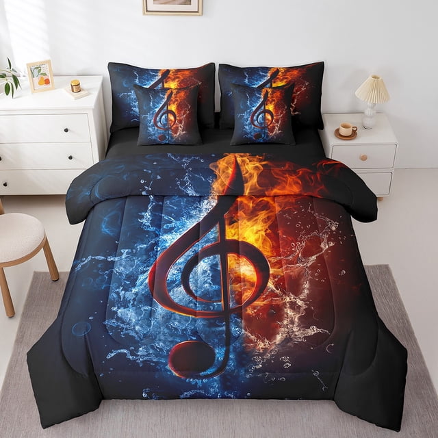 Music Theme King Bedding Set 7 Piece Music Note Comforter Set With Sheets Water And Fire Bed In A Bag For Kids Adults Red Blue Bed Set Reversible