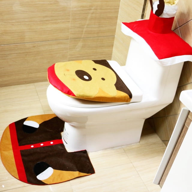 yeacher Festive Elk Christmas Bathroom Set: Toilet Lid Cover, Tank Cover, and U-Shaped Rug for Holiday Cheer