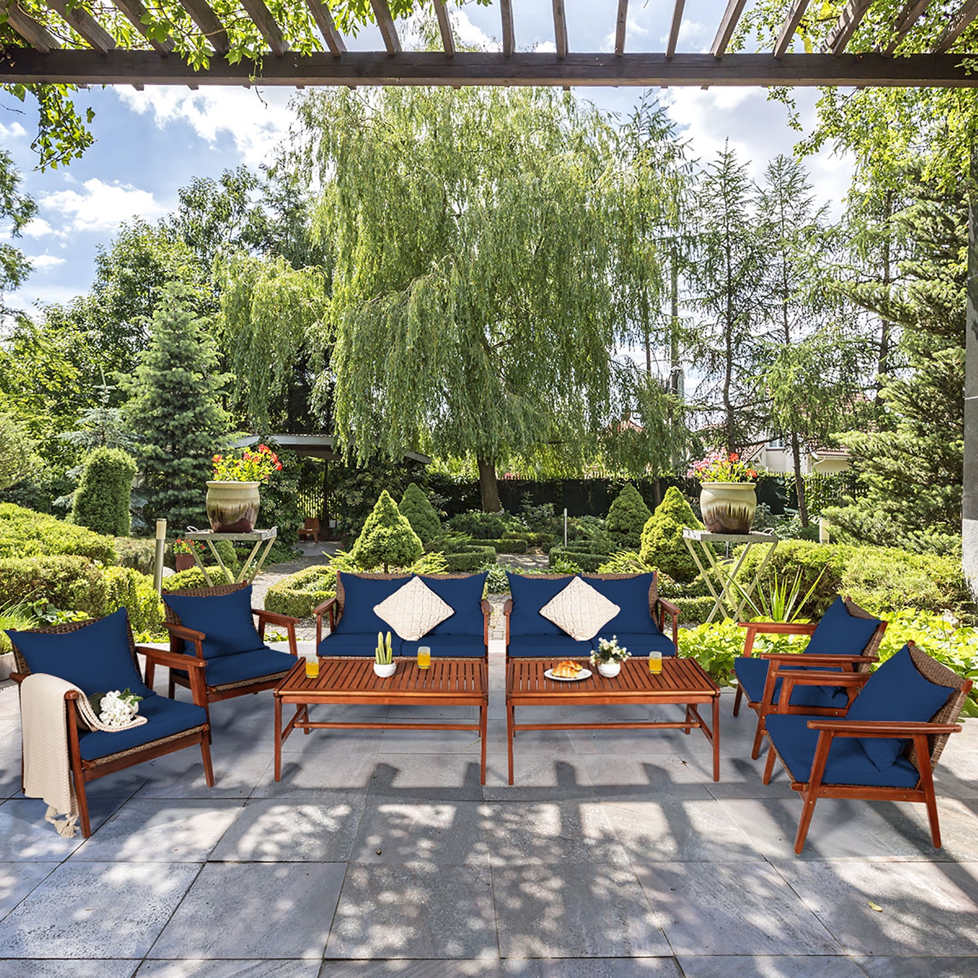 Costway 8PCS Patio Rattan Furniture Set Acacia Wood Frame Cushioned Sofa Chair Navy