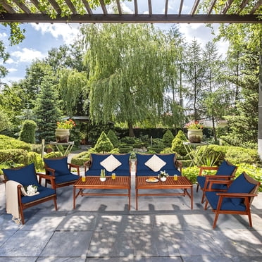 Costway 8PCS Patio Rattan Furniture Set Acacia Wood Frame Cushioned Sofa Chair Navy