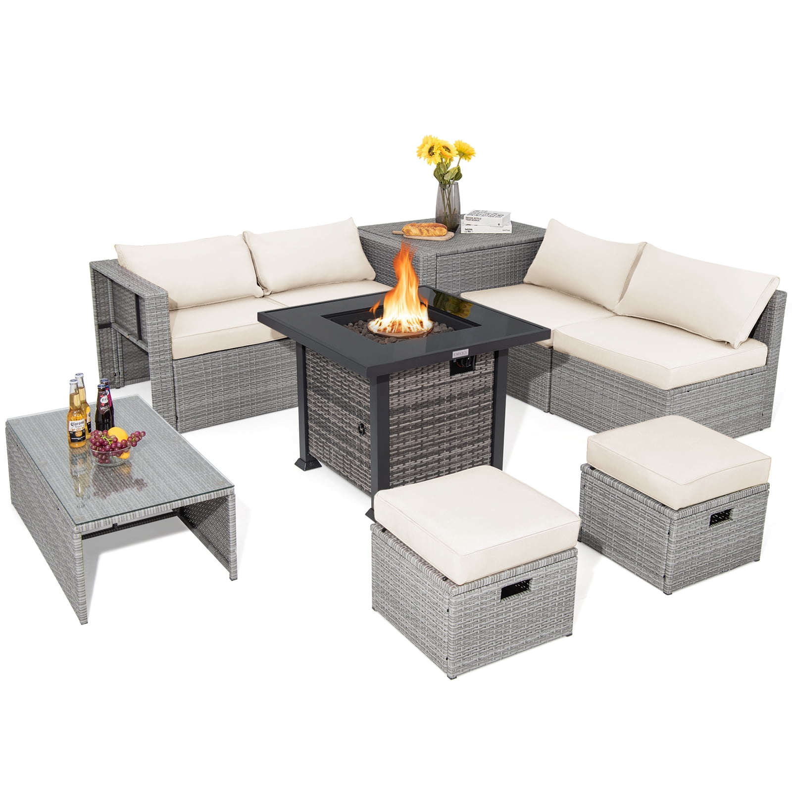 Patiojoy 9 Pieces Outdoor Patio Furniture Set with 32-Inch Propane Fire Pit Table Outdoor PE Wicker Space-Saving Sectional Sofa Set with Storage Box and Cushions Off White