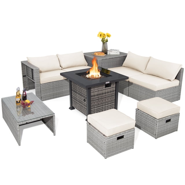 Patiojoy 9 Pieces Outdoor Patio Furniture Set with 32-Inch Propane Fire Pit Table Outdoor PE Wicker Space-Saving Sectional Sofa Set with Storage Box and Cushions Off White