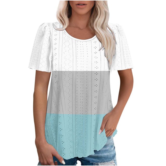 Plebaso Hauts pour Femmes Chemises à Oeillets à Blocs de Couleur Manches Courtes T-Shirts Amples Décontractés Col Rond Blouses Tendance