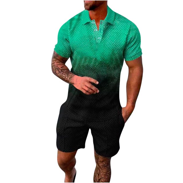 Mikilon Mens Trendy Outfits 2-Piece Set Short Sleeve Buttoned Lapel Printed T-Shirt Set Chic and Comfortable Short Sleeve Lapel Set Green 3xl