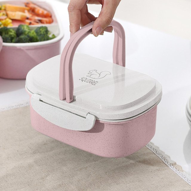 Oleegame 1PC Stainless Steel Cutlery Set Portable Wheat Straw Double Layer Thermal Box Lunch Containers For Adults Lunch Boxes For Kids Pink