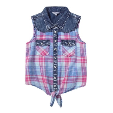 Bienzoe Blouse Sans Manches en Denim à Carreaux pour Fille Débardeur Décontracté Rouge 18