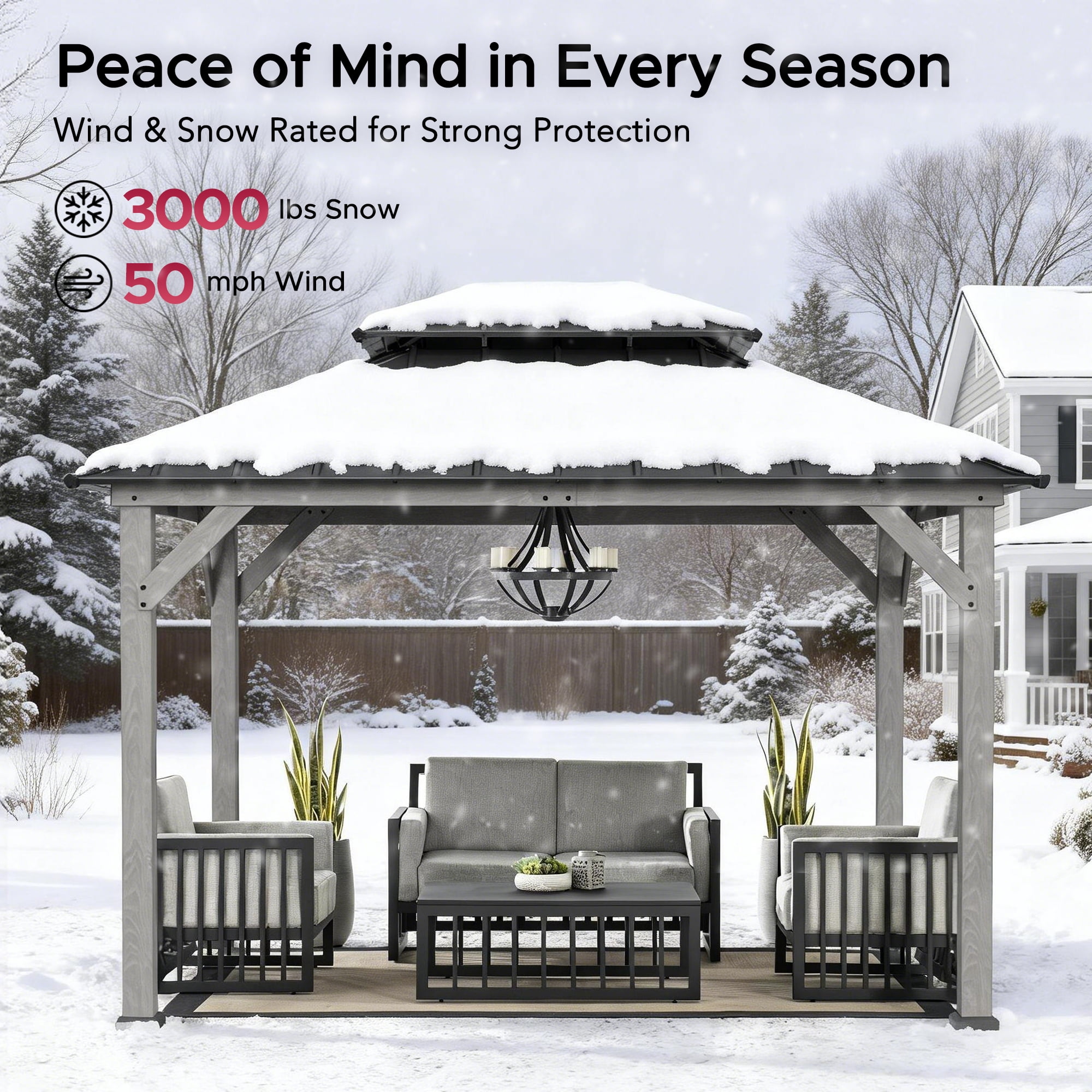 Sunjoy Gazebo Tonnelle 3 x 3.6 m d'extérieur à deux niveaux avec toit rigide Gazebo à structure en cèdre gris avec toit rigide en acier