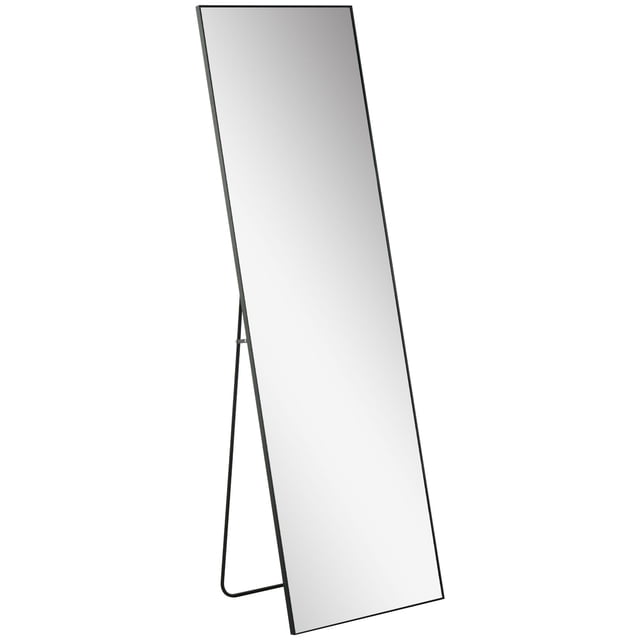 HOMCOM Miroir Pleine Longueur sur Pied Ou Mural, Noir. un Miroir Rectangulaire avec un Cadre en Alliage d'Aluminium Noir et un Support en Acier, Conçu pour une Utilisation Autoportante Ou Murale. Comprend des Coussinets Antidérapants pour la Stabilité et un film Antidéflagrant pour la Sécurité. Idéal pour la Déco de la Maison dans les Chambres, les Salons Ou les Couloirs. Dimensions : 19,7 Pouces de Large par 63,6 Pouces de Hauteur.