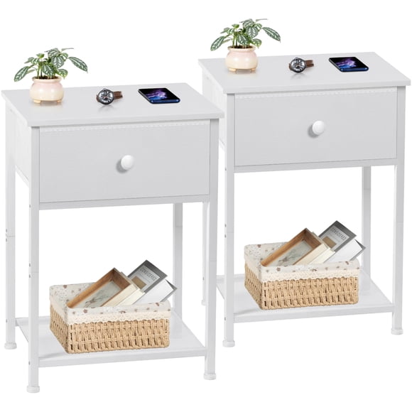 AMHANCIBLE Night Stand Set 2, Bedside Table with Fabric Drawer, Industrial End Tables Living Room with Storage Shelf, Slim Nights